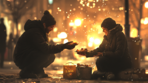 Pessoa ajudando um morador de rua com comida e um sorriso, simbolizando a prática da caridade e o amor ao próximo em um ambiente de compaixão e generosidade