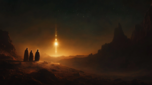 Imagem dos três Magos seguindo uma estrela brilhante no deserto, carregando presentes, simbolizando a jornada para encontrar Jesus como luz para todas as nações