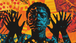 Imagem de Zumbi dos Palmares com expressão serena e elementos culturais africanos ao fundo, simbolizando o Dia da Consciência Negra e a luta por igualdade e justiça