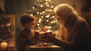 pessoas compartilhando presentes e alimentos em um ambiente natalino acolhedor, simbolizando a generosidade e o espírito cristão de amor ao próximo