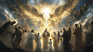 Imagem de santos e anjos ao redor de uma catedral, com São Miguel Arcanjo segurando uma espada e outros santos em oração, sob uma luz divina representando a proteção celestial.
