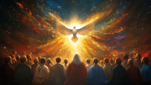Imagem de Pentecostes com o Espírito Santo descendo como uma pomba e línguas de fogo sobre os apóstolos e Maria no Cenáculo, iluminados por uma luz divina